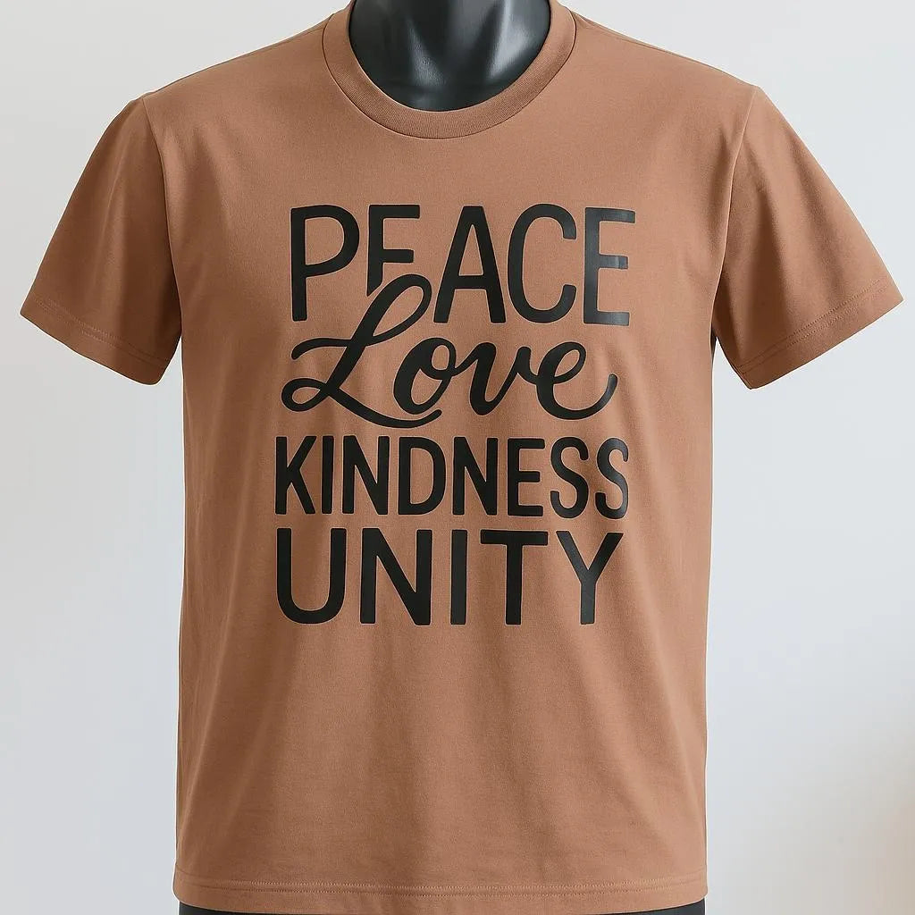 Brown graphic t-shirt featuring the words "Peace Love Kindness Unity" in bold typography. Inspirational unisex shirt promoting compassion, positivity, kindness, unity, and meaningful everyday style.