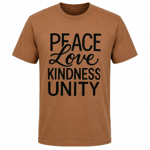 A brown short-sleeve crewneck t-shirt with the words 'PEACE Love KINDNESS UNITY' printed in black across the chest, shown on a plain white background.