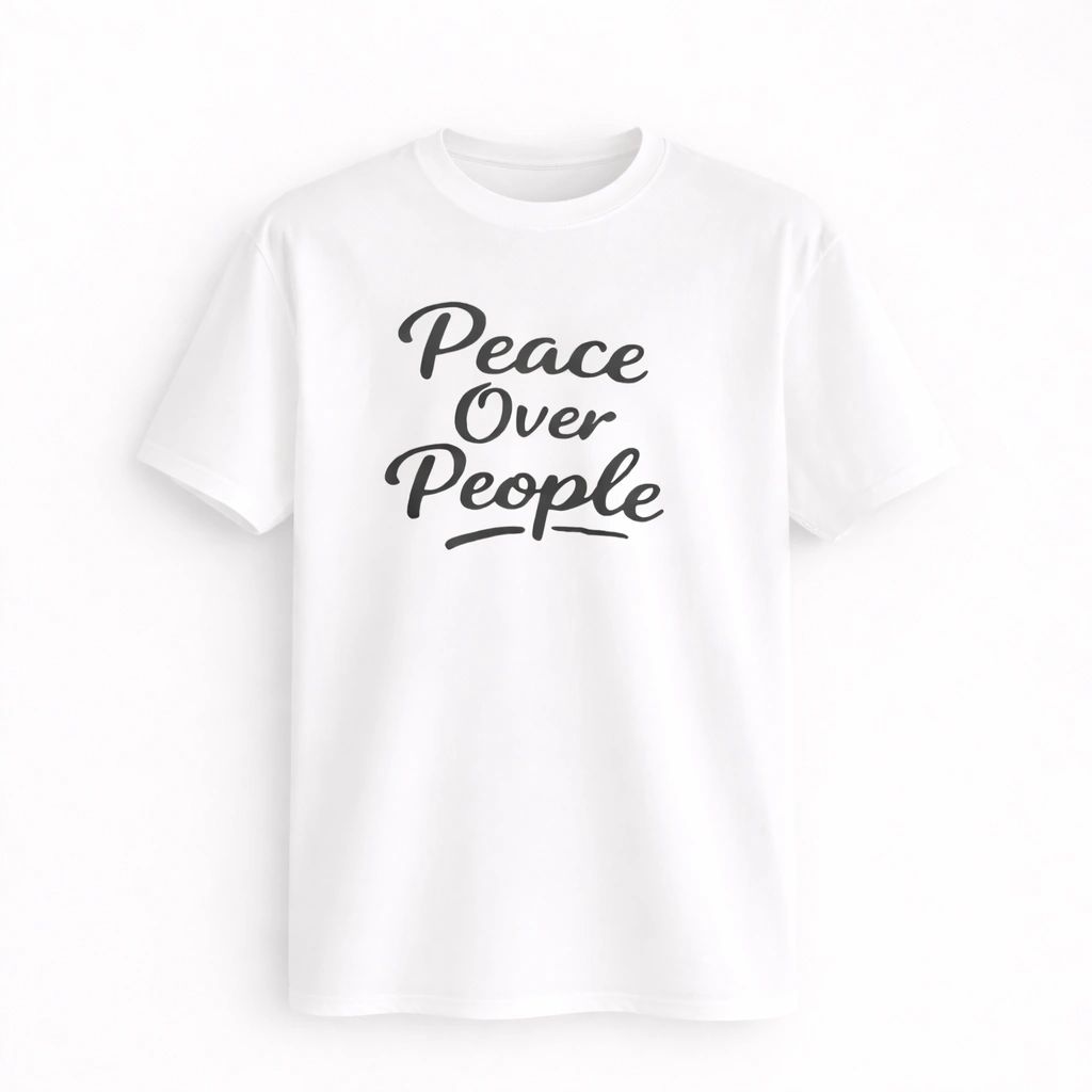 White graphic T shirt featuring the phrase Peace Over People in elegant script typography. Minimalist statement tee for everyday casual wear, self-care, mindfulness, introverts, calm lifestyle, and modern unisex fashion.
