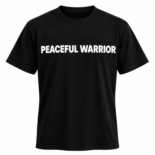 Black Peaceful Warrior graphic T-shirt with bold white lettering on the front.