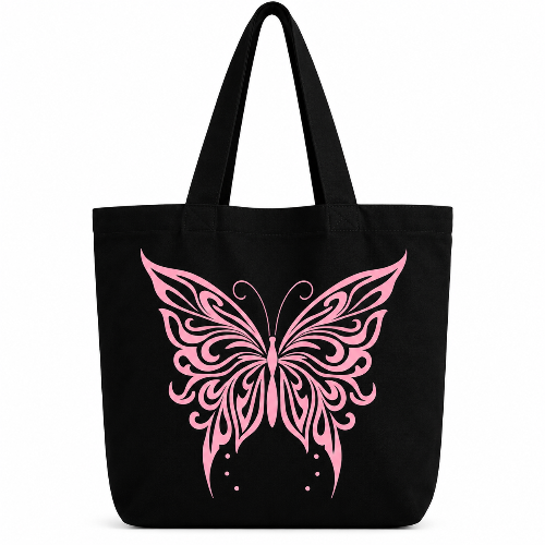 Black cotton tote bag featuring an elegant pink butterfly design on a clean white background.