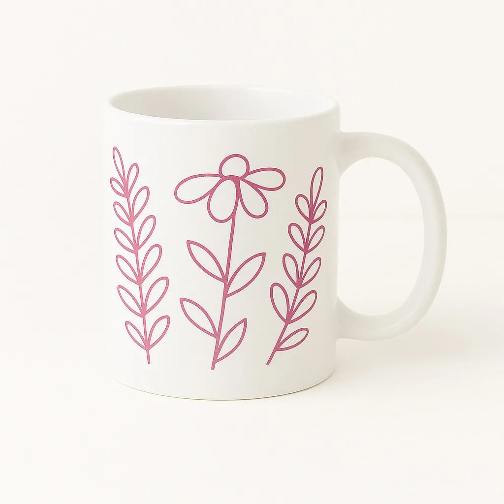 White ceramic mug featuring a delicate pink floral line art design with simple botanical flowers and leaves. Perfect for coffee, tea, hot cocoa, gifting, home decor, office use, floral lovers, gardeners, moms, teachers, and anyone who enjoys minimalist botanical drinkware.