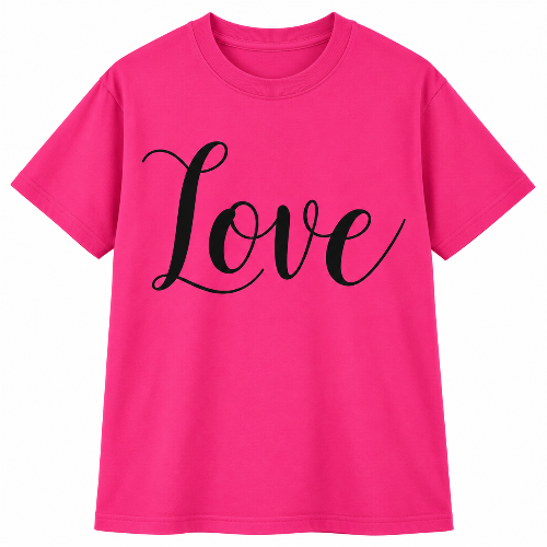 A bright pink short-sleeve crewneck t-shirt featuring the word 'Love' printed across the chest in a black cursive script, shown against a plain white background.