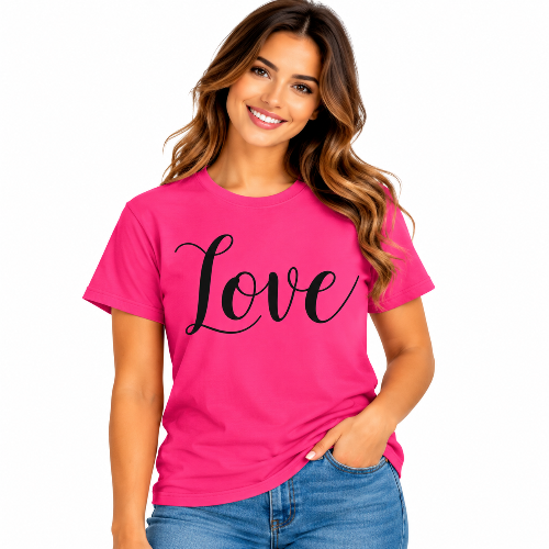 Woman wearing a bright pink Love graphic T-shirt with black script lettering.