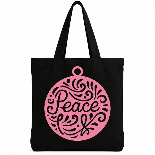 Black cotton tote bag featuring a large pink circular Peace design with decorative swirls.