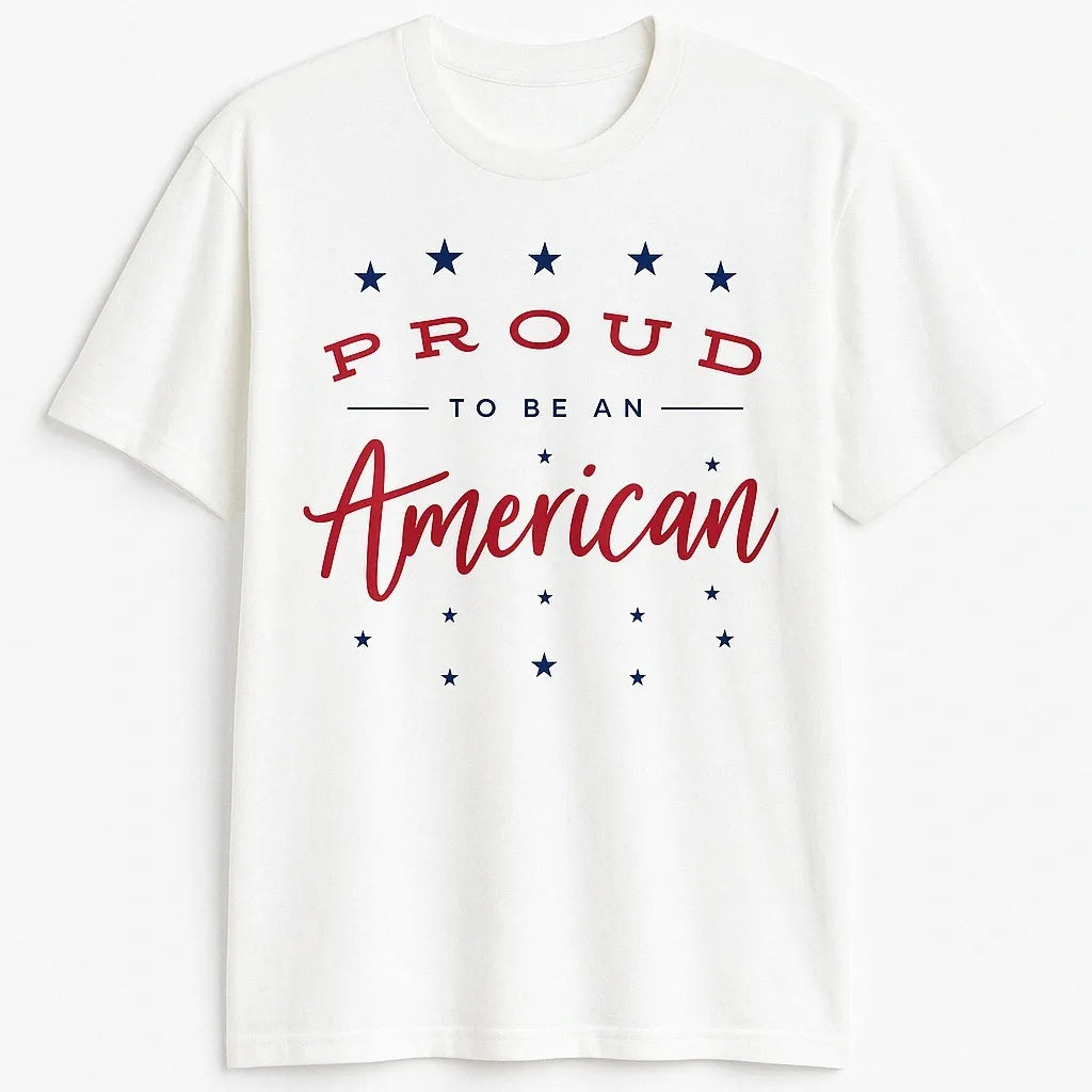 White Proud American graphic short sleeve t-shirt with red white and blue patriotic typography design for casual everyday wear unisex graphic tee by LB AND SK DESIGN SHOP