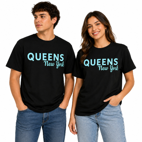 Male and female models wearing matching black Queens New York graphic T-shirts with aqua lettering and blue jeans on a white background.