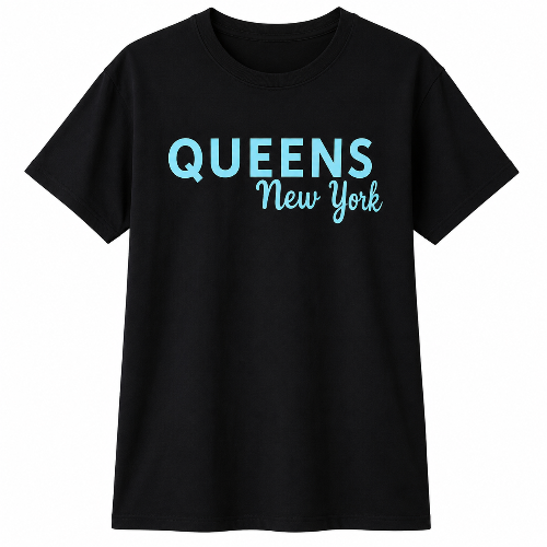 Black Queens New York graphic T-shirt featuring bold aqua lettering on a white background