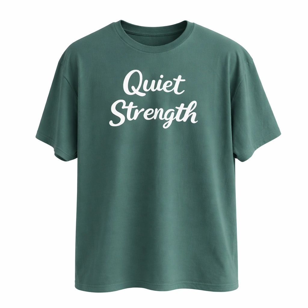 Olive green unisex graphic T shirt featuring the words "Quiet Strength" in elegant white script typography. Soft cotton minimalist statement tee for everyday casual wear.