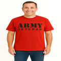 Red graphic t shirt featuring a bold Army Veteran design honoring military service, sacrifice, patriotism, and veteran pride.