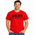 Man wearing a red Army Veteran graphic T-shirt with bold black lettering.