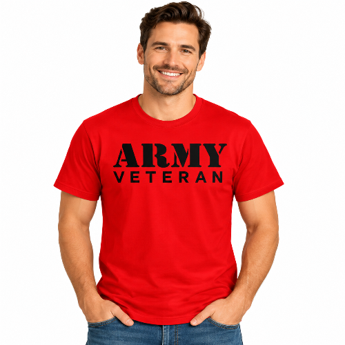 Man wearing a red Army Veteran graphic T-shirt with bold black lettering.
