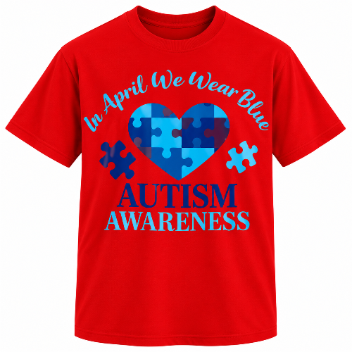 Red Autism Awareness graphic T-shirt with blue puzzle heart and In April We Wear Blue design.