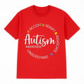 Red autism awareness graphic t shirt featuring a positive message of acceptance, understanding, inclusion, and support in a meaningful awareness design.