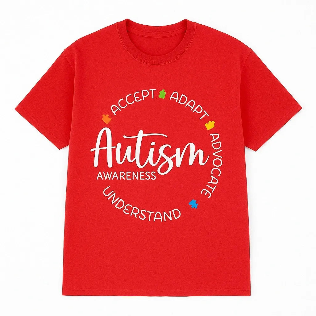 Red autism awareness graphic t shirt featuring a positive message of acceptance, understanding, inclusion, and support in a meaningful awareness design.