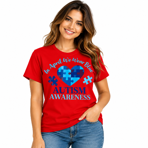 Red Autism Awareness Graphic T-shirt with blue puzzle heart and In April We Wear Blue design.