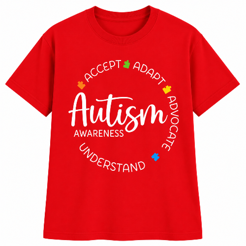 A bright red short-sleeve crewneck t-shirt with a graphic design on the front. The design features the word 'Autism' in white script, surrounded by the words 'ACCEPT', 'ADAPT', 'ADVOCATE', 'UNDERSTAND' in white sans-serif font, with small colorful icons in orange, green, yellow, and blue.