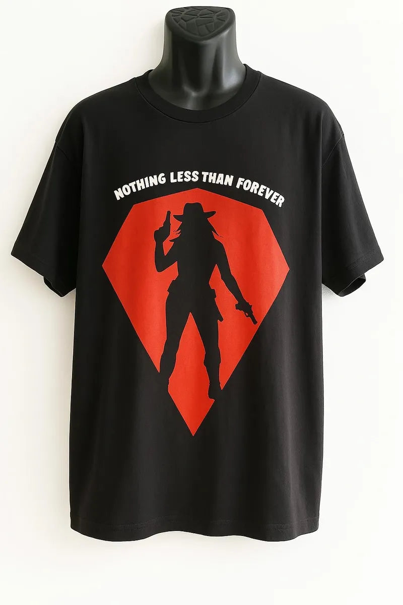 Black t-shirt with red graphic and text on a mannequin against a white background