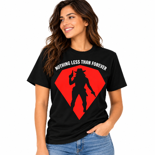 A woman wearing a black graphic t-shirt with a red diamond-shaped logo and the text 'NOTHING LESS THAN FOREVER' in white, paired with blue jeans, against a plain white background.