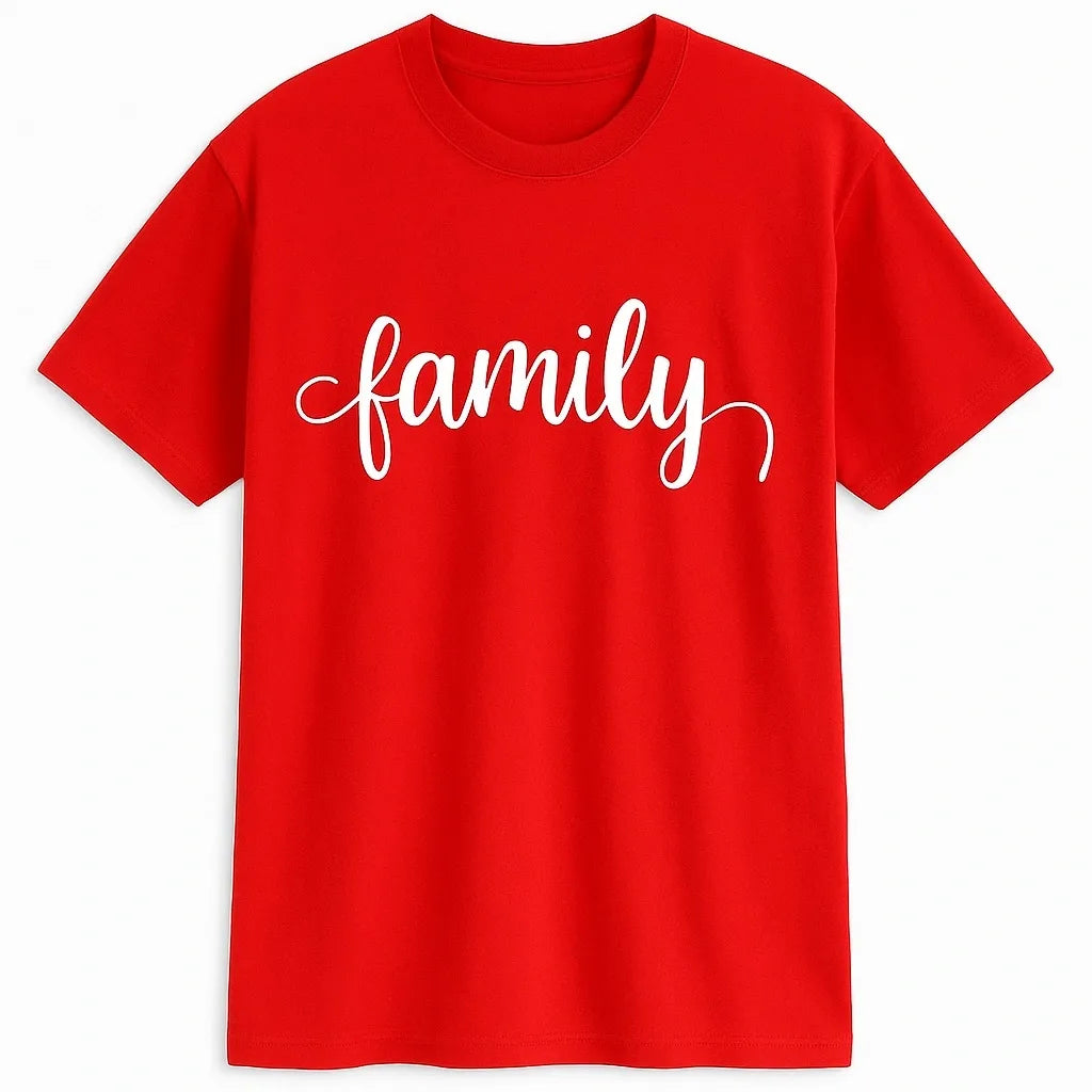 Red t-shirt with 'family' text on a white background