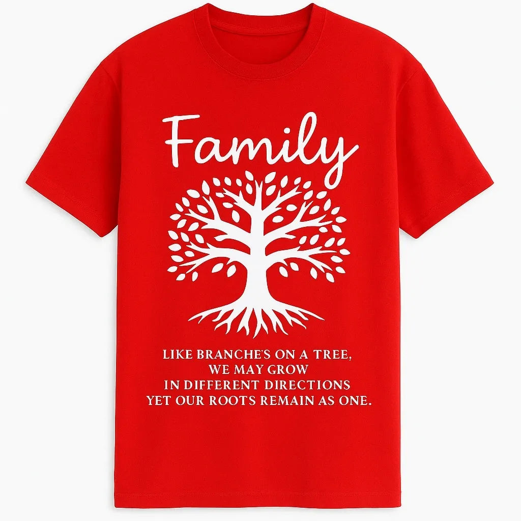 Red graphic t shirt featuring a Family tree design with inspirational wording that celebrates love, unity, connection, and togetherness.