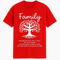 Red graphic t shirt featuring a Family tree design with inspirational wording that celebrates love, unity, connection, and togetherness.