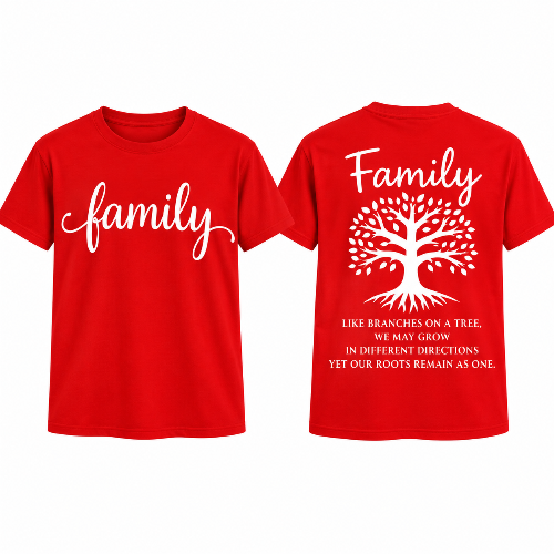 Red Family graphic T-shirt with white script Family lettering on the front.