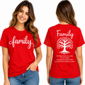Red Family graphic T-shirt with white family tree and meaningful family quote printed on the back.