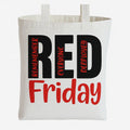 Red Friday reusable canvas tote bag with bold red and black awareness graphic design on natural beige fabric for shopping, travel, errands, and everyday use