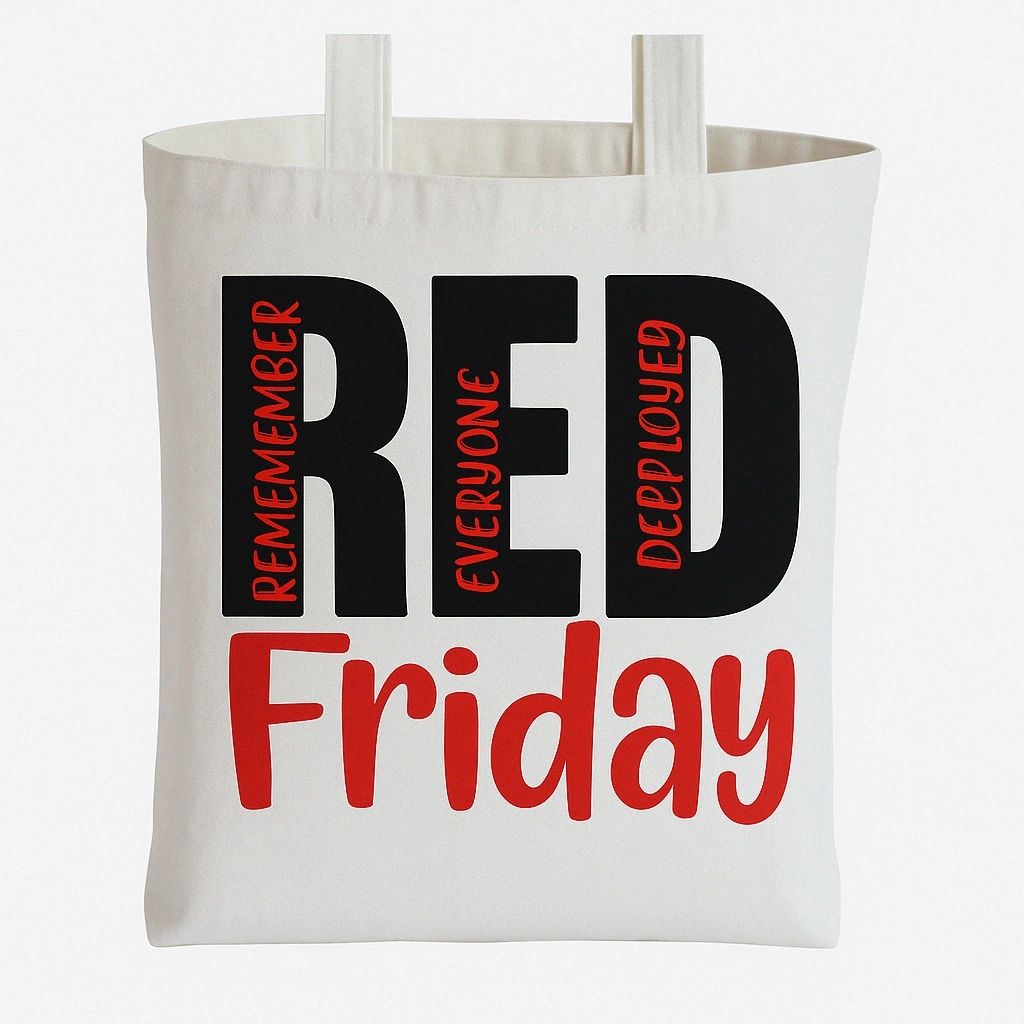 Red Friday reusable canvas tote bag with bold red and black awareness graphic design on natural beige fabric for shopping, travel, errands, and everyday use