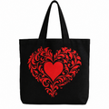 Black cotton tote bag featuring an ornate red heart design with decorative floral swirls.