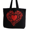 Black cotton tote bag with ornate red heart graphic design, reusable shoulder tote for shopping, travel, work, school, everyday carry, Valentine gifts, and stylish fashion accessories