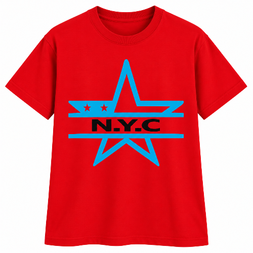 Red NYC graphic T-shirt featuring a bright blue star design with black N.Y.C lettering.