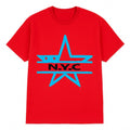 Red graphic t shirt featuring a bold NYC star design with urban-inspired styling, perfect for city lovers, streetwear fashion, casual outfits, and everyday wear.