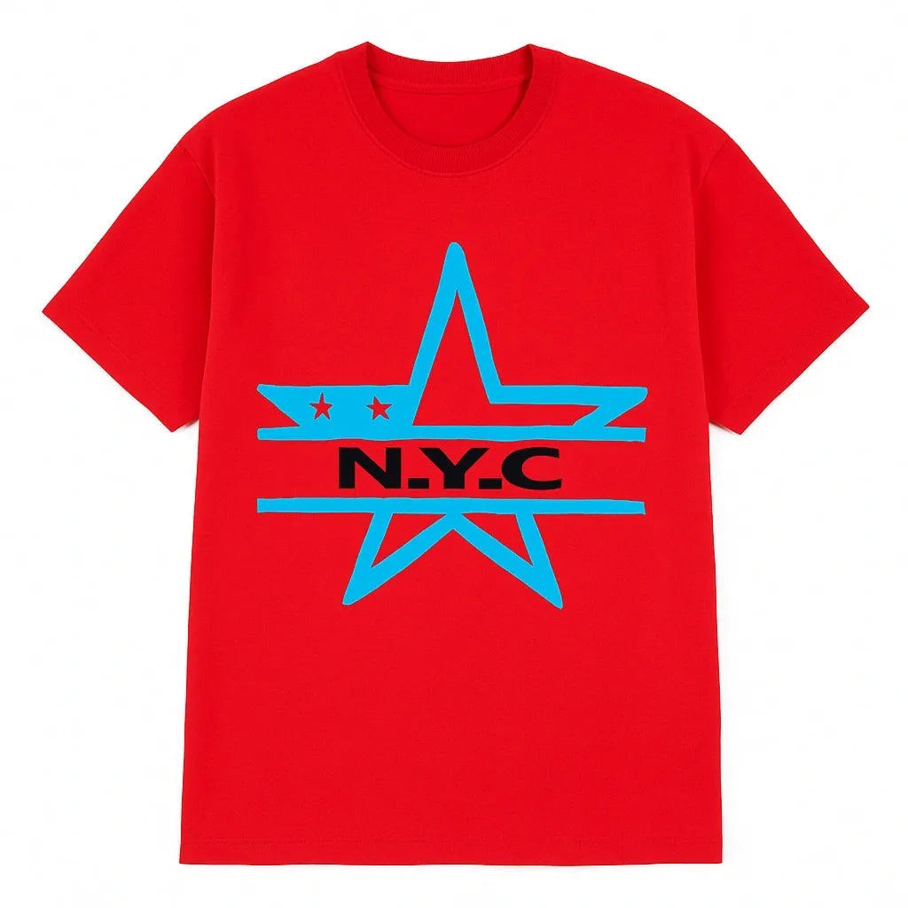 Red graphic t shirt featuring a bold NYC star design with urban-inspired styling, perfect for city lovers, streetwear fashion, casual outfits, and everyday wear.