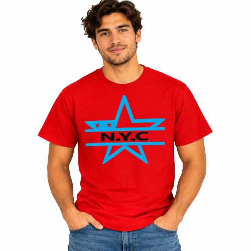 A man wearing a bright red short-sleeve t-shirt with a graphic on the chest. The graphic features a large blue star outline with the text 'N.