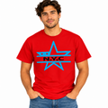 A man wearing a bright red short-sleeve t-shirt with a graphic on the chest. The graphic features a large blue star outline with the text 'N.