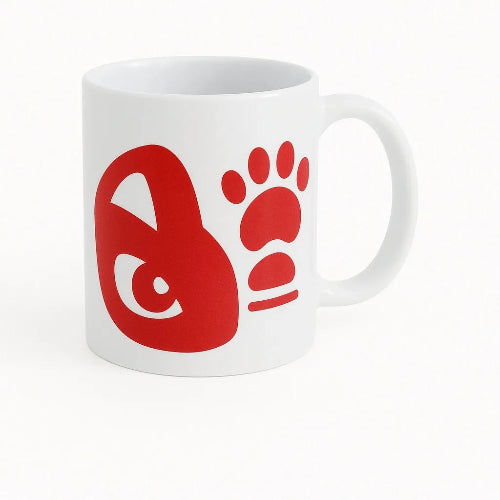 White ceramic mug featuring a bold red heart and paw print design, perfect for dog lovers, cat lovers, pet parents, animal rescue supporters, veterinarians, pet memorial gifts, coffee lovers, tea drinkers, and everyday use at home or the office