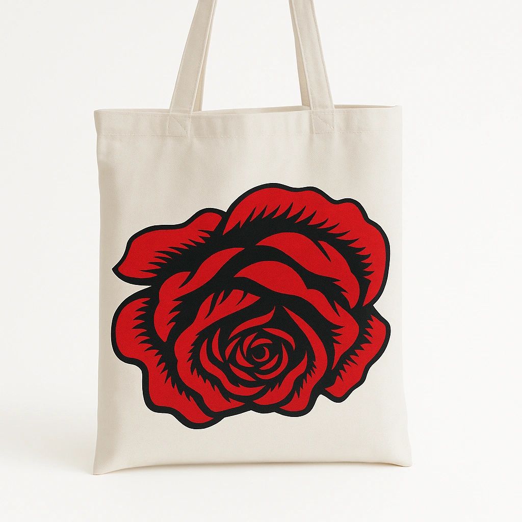 Red rose graphic tote bag with bold floral illustration on reusable canvas shopping bag for everyday use, shopping, work, gifts, and flower lovers.