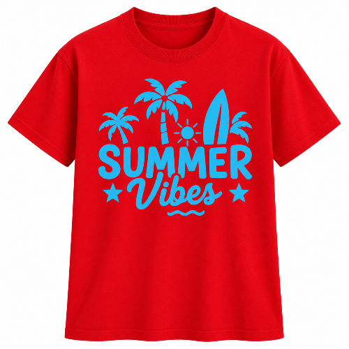 A red short-sleeve crewneck t-shirt with a bright blue graphic on the front featuring palm trees, a surfboard, a sun, and the text 'SUMMER Vibes' in a stylized font.