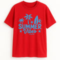 Bright red graphic t shirt featuring a Summer Vibes design with palm trees and beach-inspired artwork, perfect for vacations, summer outings, casual wear, and warm weather styling.
