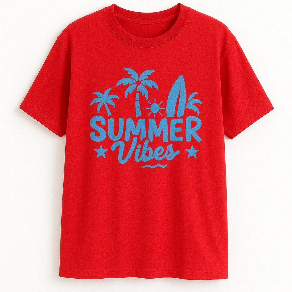 Bright red graphic t shirt featuring a Summer Vibes design with palm trees and beach-inspired artwork, perfect for vacations, summer outings, casual wear, and warm weather styling.