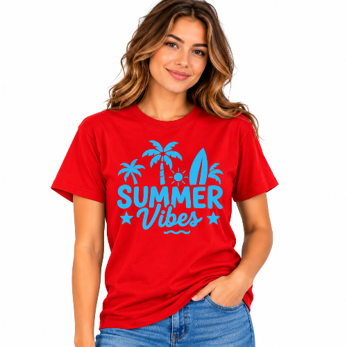 Woman wearing a red Summer Vibes graphic T-shirt with bright blue tropical beach design.