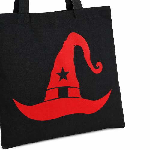 Black cotton tote bag with close up red witch hat graphic on white background