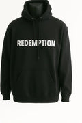 Black unisex hoodie featuring a bold Redemption typography graphic for everyday casual wear, streetwear, and minimalist fashion.