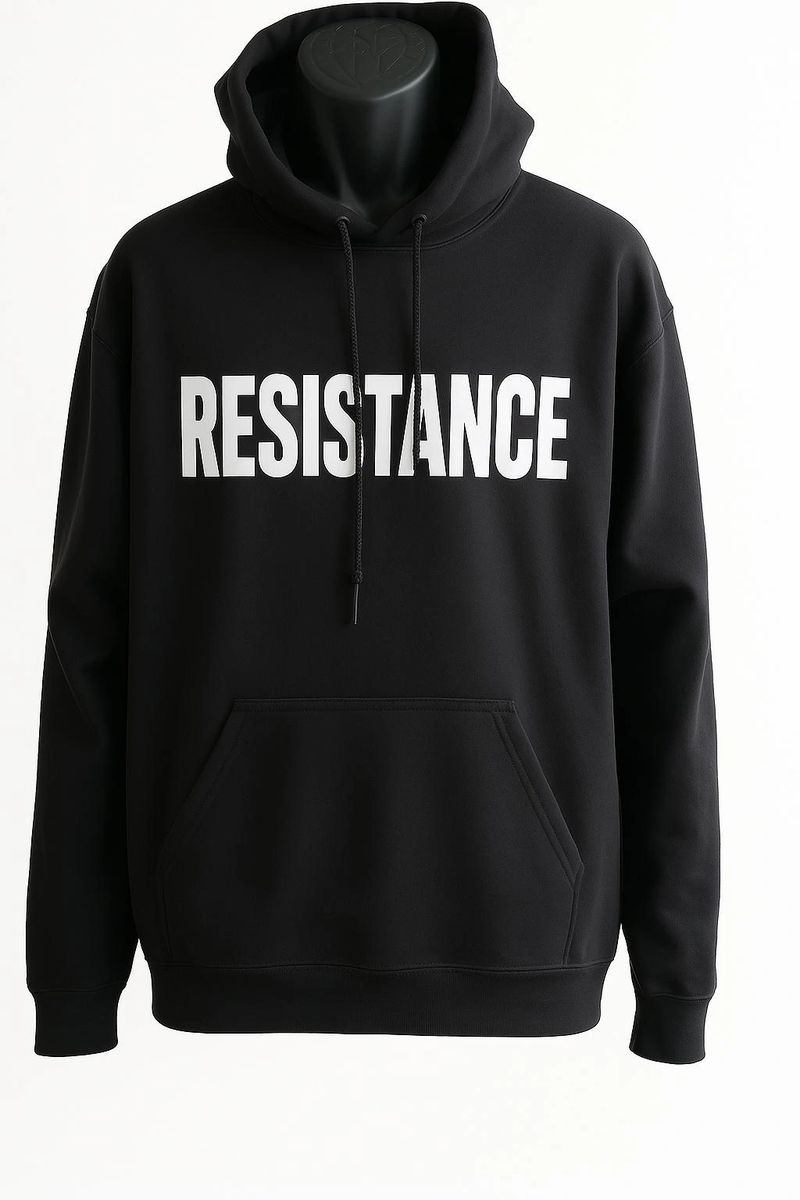 Black unisex hoodie featuring the word "RESISTANCE" in bold white typography. Comfortable graphic pullover sweatshirt with a minimalist streetwear design for casual everyday wear.