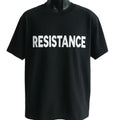 Black graphic t-shirt featuring the word "Resistance" in bold white typography, modern unisex statement tee for everyday casual wear.