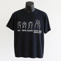 Black unisex graphic T shirt featuring cats playing rock paper scissors in a fun minimalist illustration. Soft cotton novelty tee for cat lovers and pet enthusiasts.