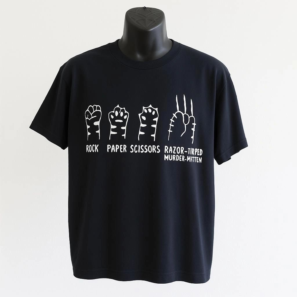 Black unisex graphic T shirt featuring cats playing rock paper scissors in a fun minimalist illustration. Soft cotton novelty tee for cat lovers and pet enthusiasts.