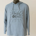 Light blue Rock & Roll graphic pullover hoodie with casual handwritten typography design, soft long sleeve unisex hoodie for everyday streetwear and relaxed fashion style by LB AND SK DESIGN SHOP